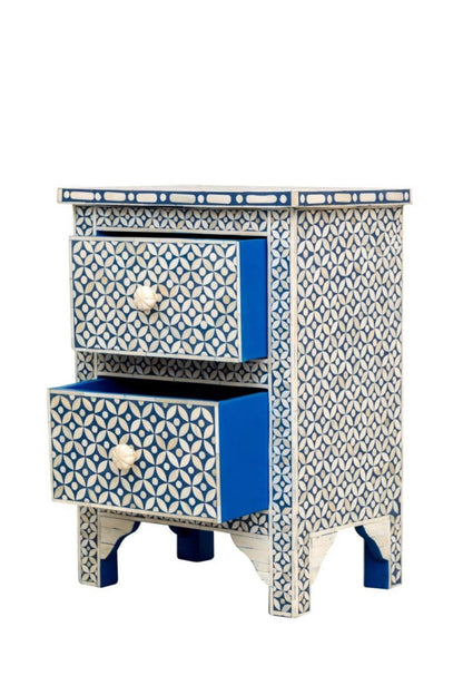 Handmade wooden bedside table in blue and white bone inlay, with two front drawers, intricate geometric detailing, decorative knobs, and a compact rectangular form.
