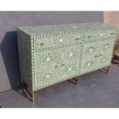 Handcrafted sage green bone inlay sideboard with 2 drawers and 4 doors featuring white floral pattern on brass metal frame