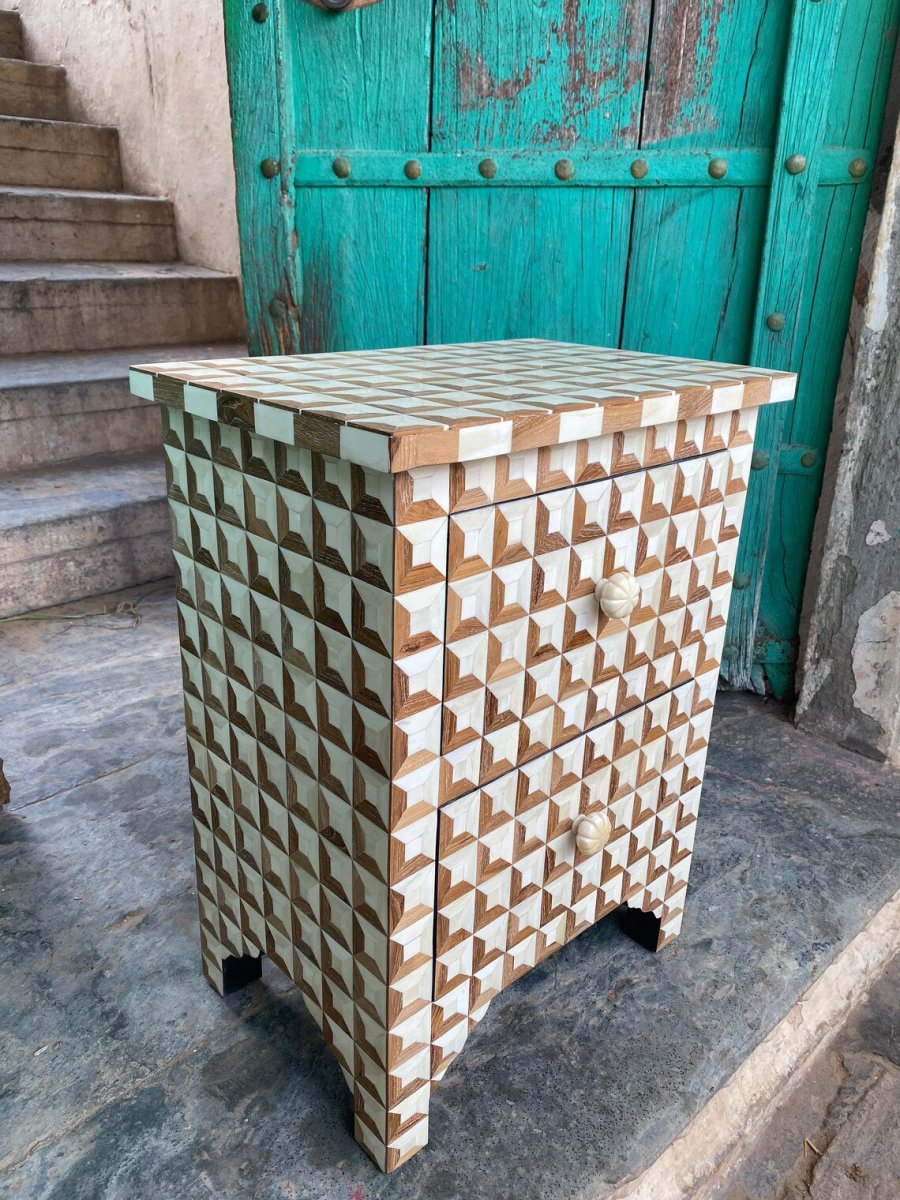 Handcrafted Bone Inlay Wooden Bedside Table with Diamond Geometric Pattern Two Drawers in Brown and Cream Finish