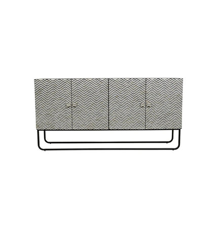 Handcrafted herringbone bone inlay four-door credenza on black powder-coated metal base, white background front view
