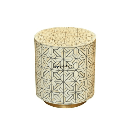 Handcrafted geometric star bone inlay round side table with cream and grey pattern on a polished gold plinth base