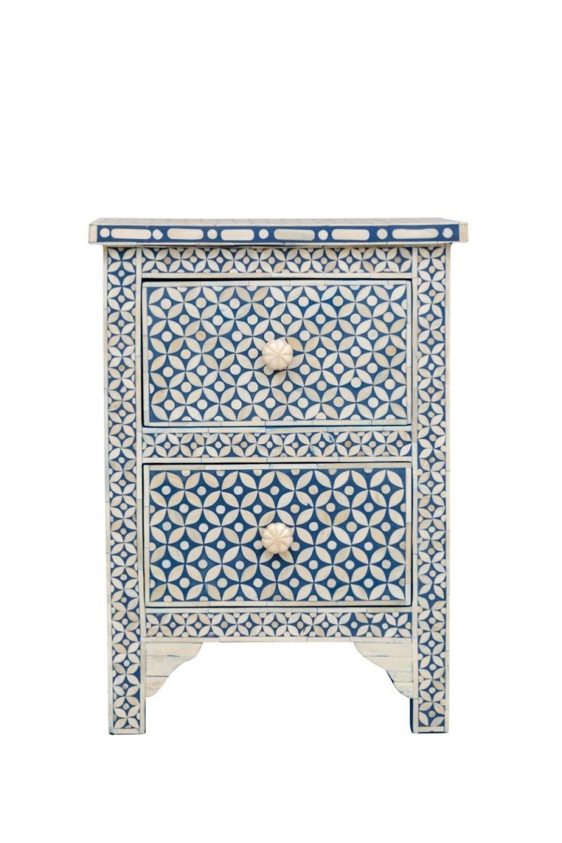 Small blue and white bone inlay nightstand showing two drawers, an interlocking geometric star pattern, decorative floral knobs, and a scalloped base.