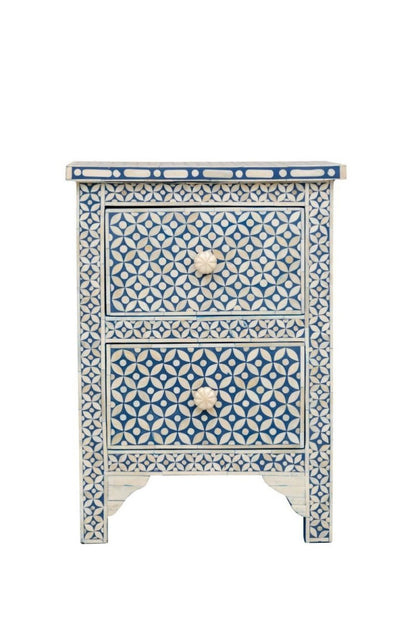 Small blue and white bone inlay nightstand showing two drawers, an interlocking geometric star pattern, decorative floral knobs, and a scalloped base.
