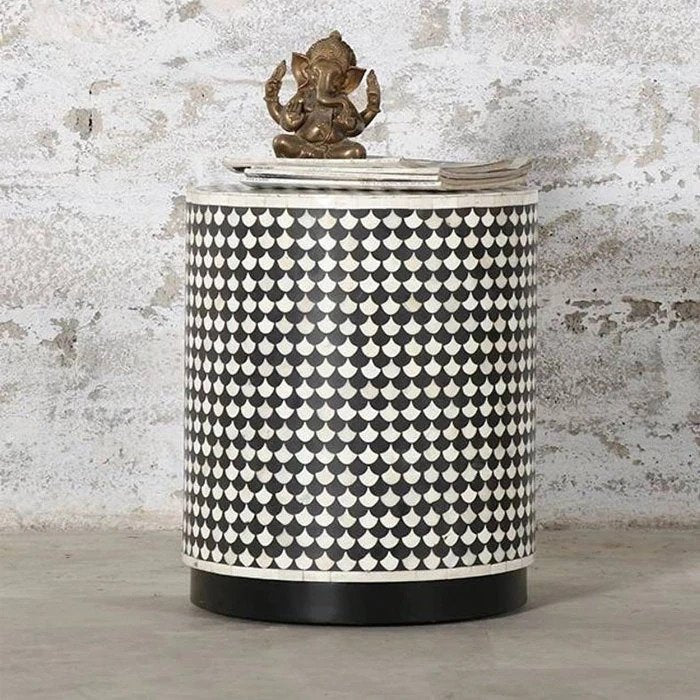 Black and white handmade bone inlay occasional side table with geometric scalloped detailing, a cylindrical form, and a decorative surface for elegant indoor home decor.