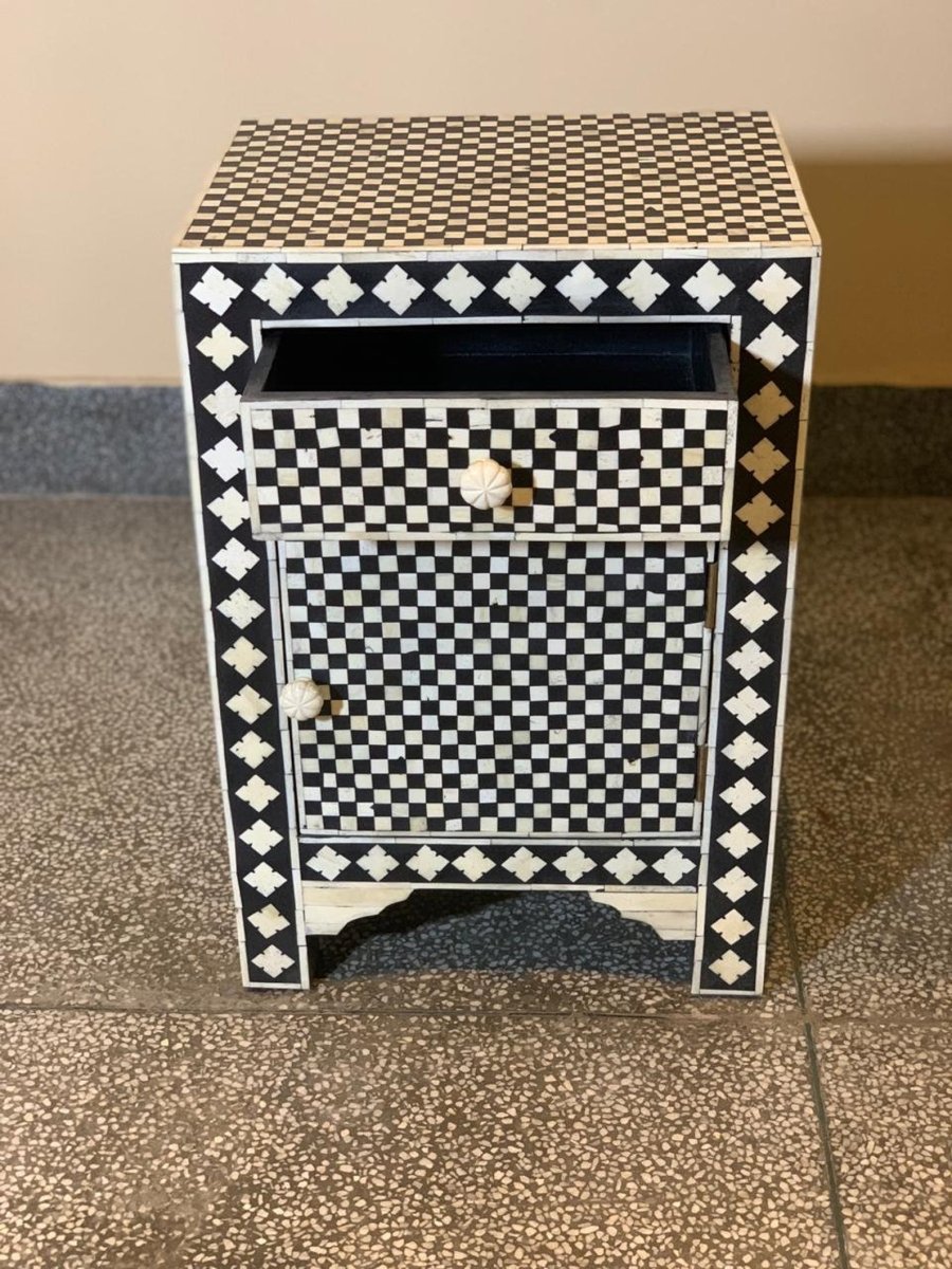 Handmade bone inlay bedside nightstand with full checkerboard and diamond pattern inlay, drawer and lower cabinet, ornate carved bone knobs, solid wood construction with arched base