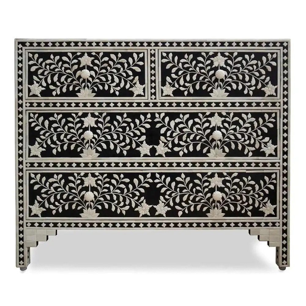Handmade bone inlay black floral chest of drawers with ivory botanical vine pattern, jewel knobs, 2-over-2 drawer layout, white background
