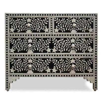Handmade bone inlay black floral chest of drawers with ivory botanical vine pattern, jewel knobs, 2-over-2 drawer layout, white background