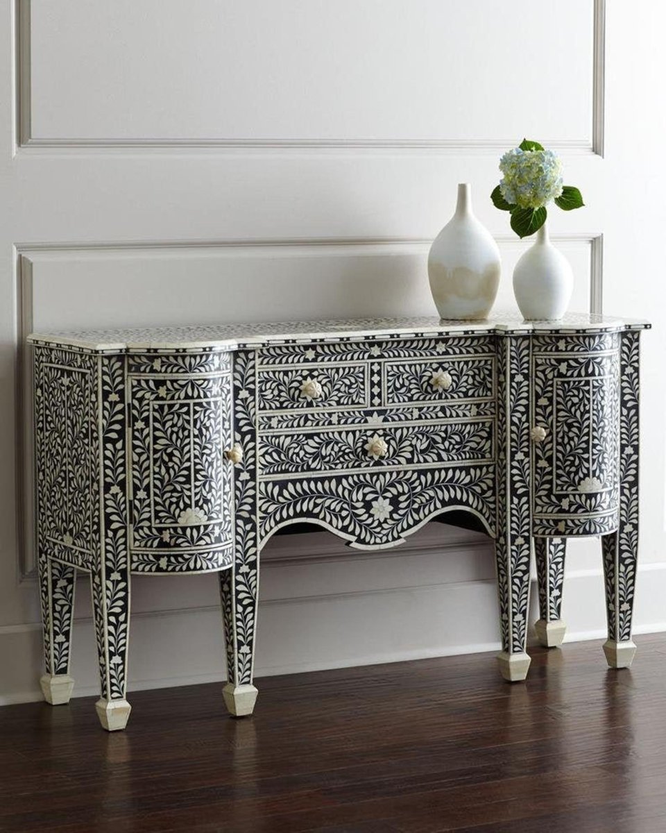 Bone Inlay Buffet in black and white inlay, styled straight-on to show the three drawers above the dual-door cabinet.