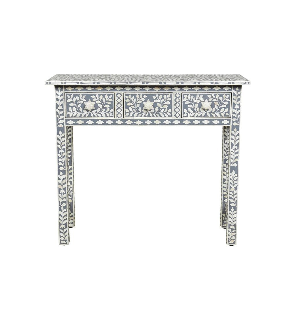 Handmade grey bone inlay console desk with three drawers featuring star and leaf floral pattern, diamond border trim, and slim H-stretcher base