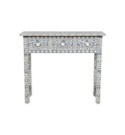 Handmade grey bone inlay console desk with three drawers featuring star and leaf floral pattern, diamond border trim, and slim H-stretcher base