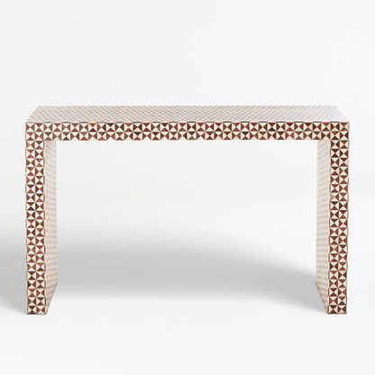 Handmade bone inlay console table with ivory and brown geometric mosaic triangle inlay pattern on mango wood, photographed on neutral background ideal for hallway or living room styling