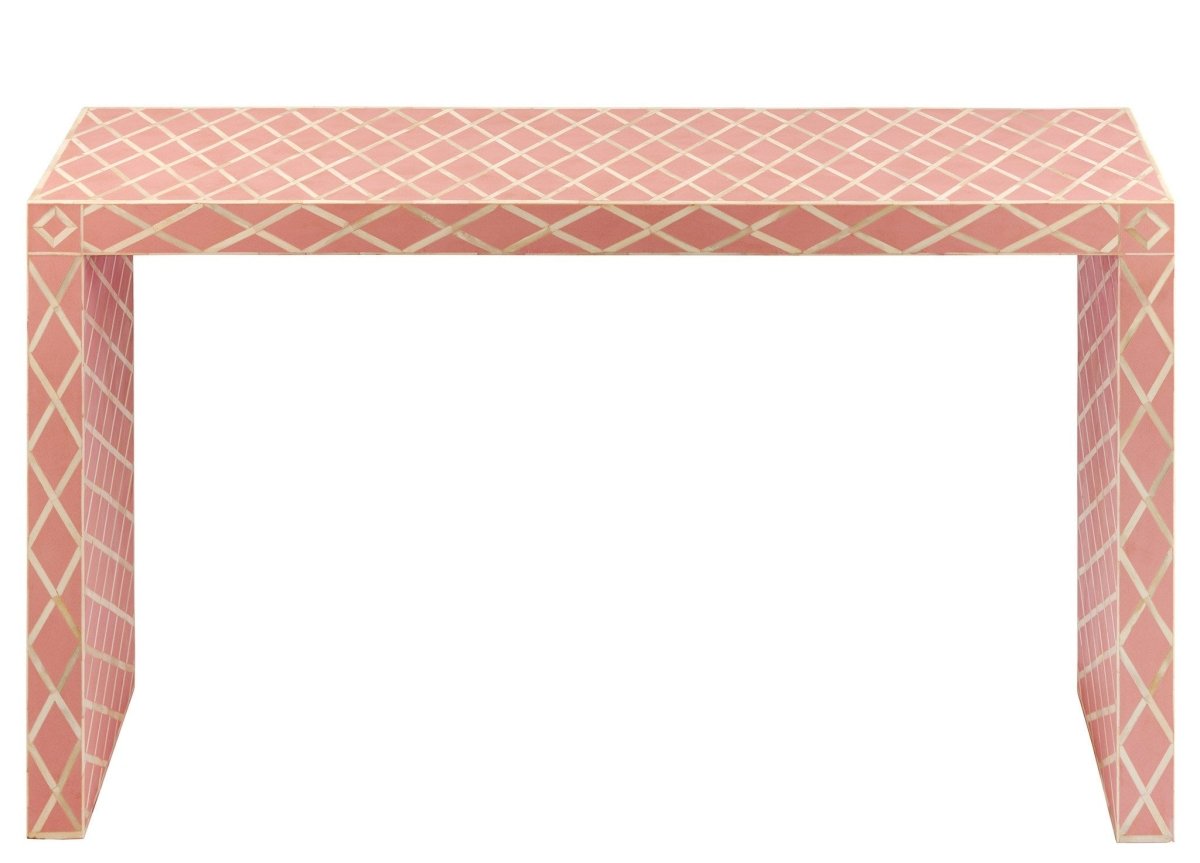 Pink bone inlay entryway console table with repeating ivory diamond trellis inlay on solid wood waterfall frame, handcrafted artisan furniture piece.