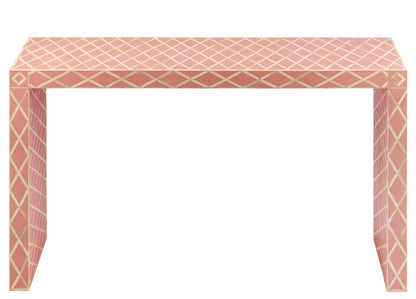 Pink bone inlay entryway console table with repeating ivory diamond trellis inlay on solid wood waterfall frame, handcrafted artisan furniture piece.