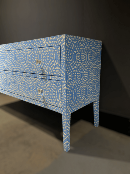 Handmade Bone Inlay Hallway Console Table in Sky Blue, Fully Inlaid Legs, 2-Drawer Moroccan Design India