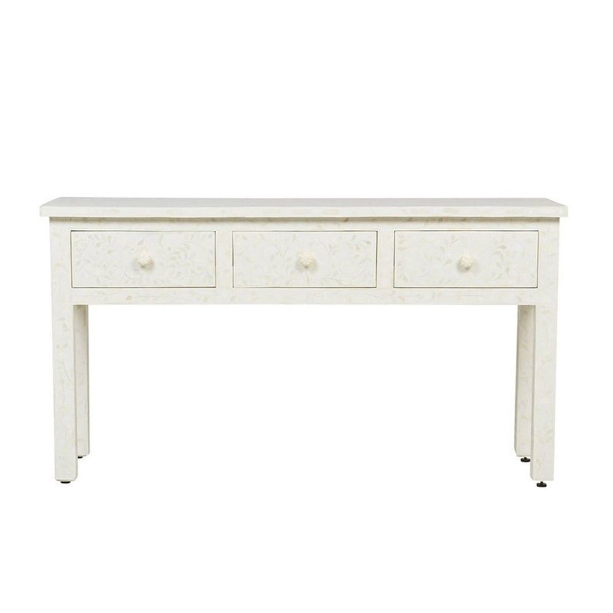White bone inlay hallway table shown from a front view, displaying three drawers with matching ivory knobs, a repeating carved floral pattern across the tabletop and drawer fronts, a slim rectangular shape, and clean tapered legs beneath the console surface.