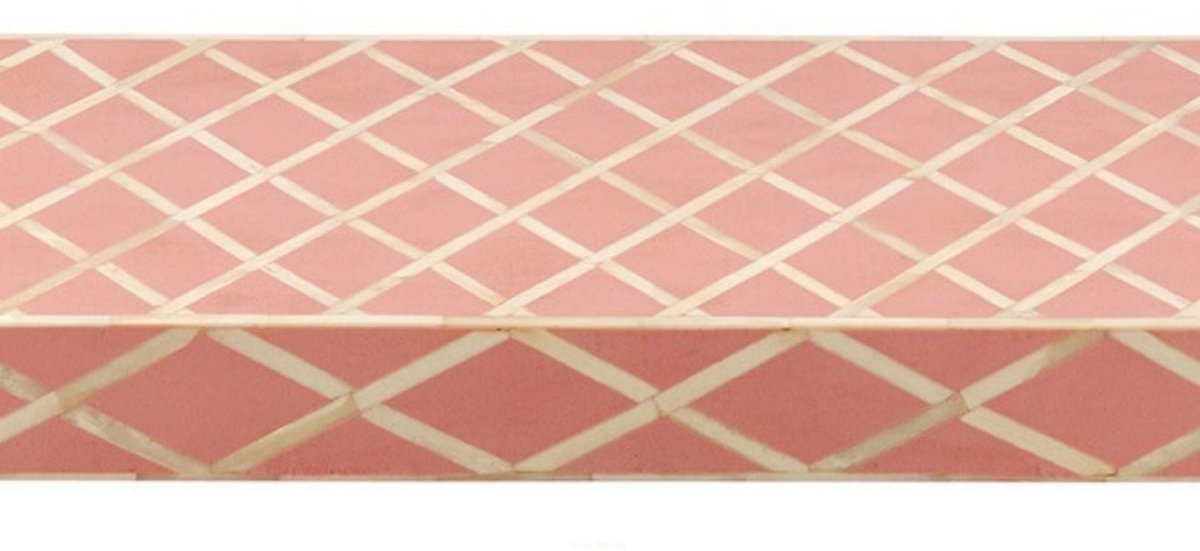Pink bone inlay console table surface and apron featuring a fine ivory harlequin grid pattern, handmade luxury artisan furniture from India.