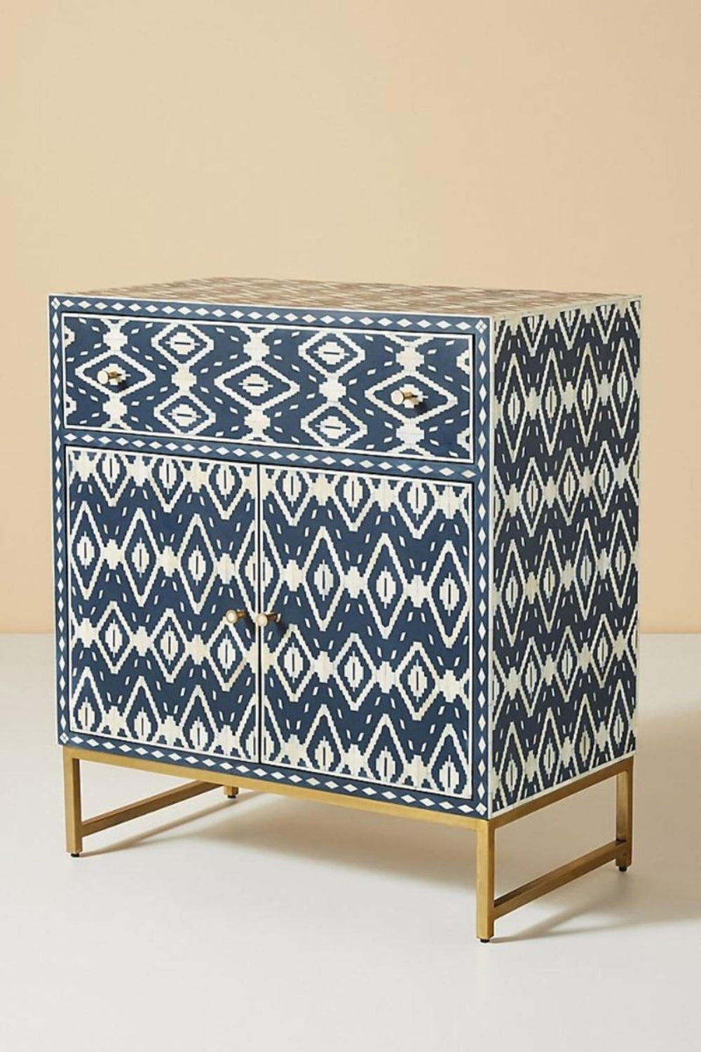 Indigo Blue Bone Inlay Storage Cabinet with ivory geometric pattern one drawer two doors and gold-tone base