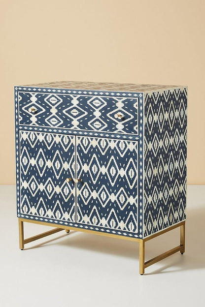 Indigo Blue Bone Inlay Storage Cabinet with ivory geometric pattern one drawer two doors and gold-tone base