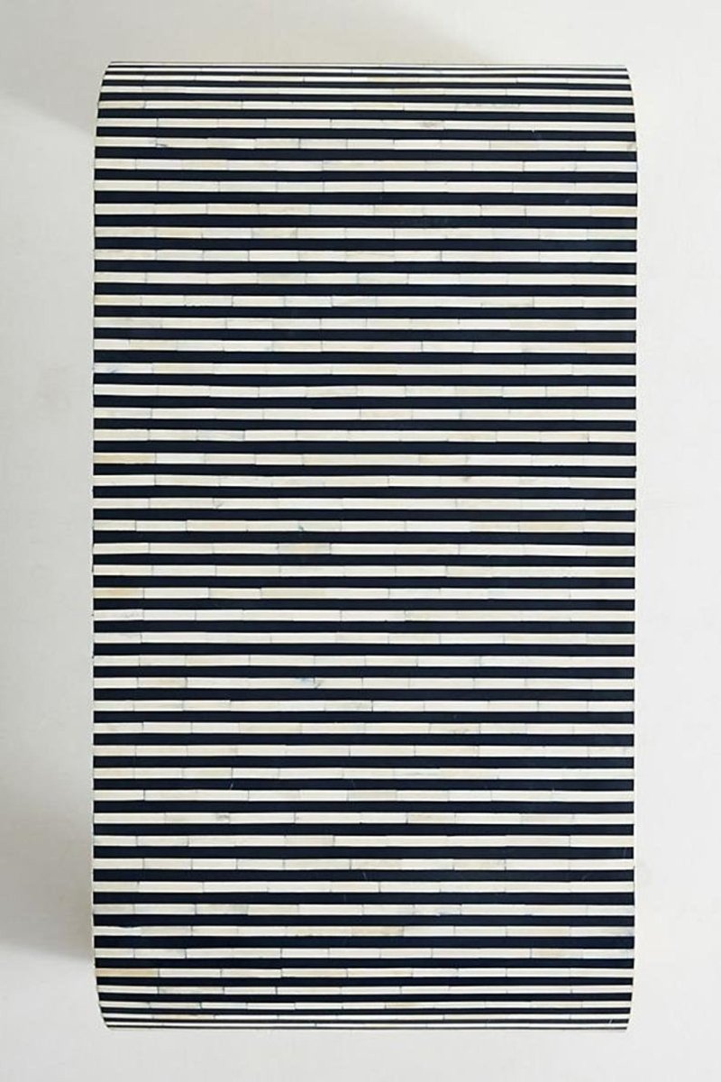 Top view of a rectangular handmade bone inlay coffee table showing the full navy and white horizontal stripe pattern across the surface, rounded corners, narrow pale inlay lines, and subtle handcrafted variation in the striped tabletop.