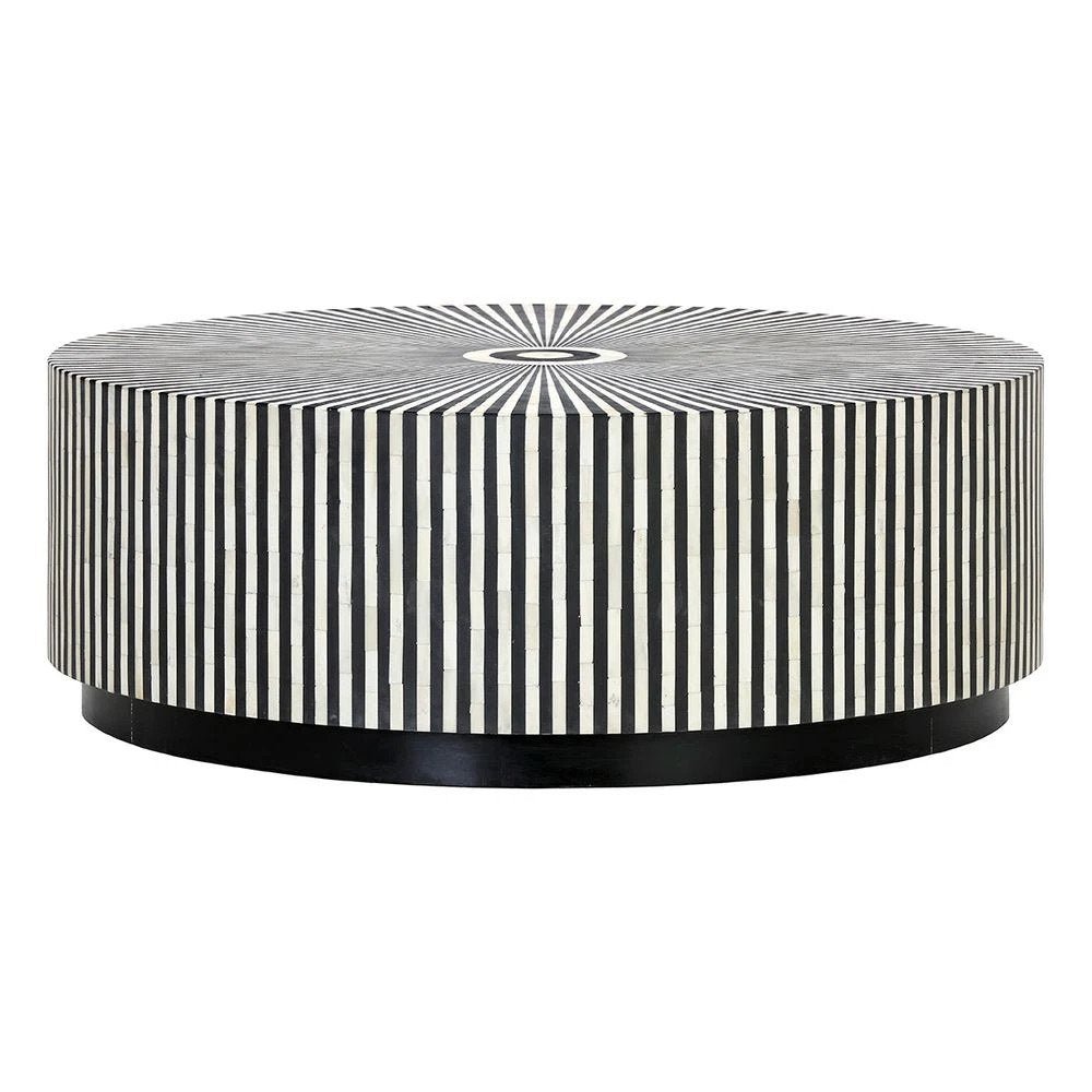 Handmade bone inlay round coffee table featuring bold black and white sunburst tabletop design with circular center medallion, luxury artisan piece