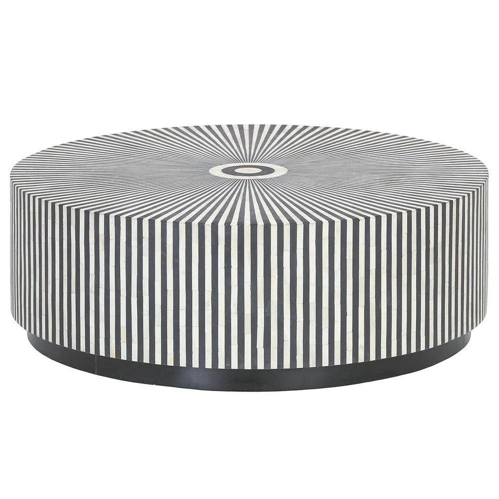 Detailed bone inlay craftsmanship on black and white striped round coffee table showing tabletop and side stripe pattern, handmade luxury furniture
