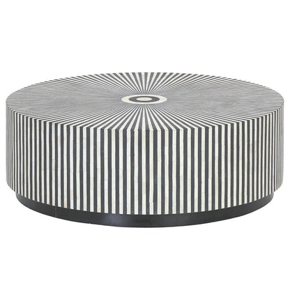 Detailed bone inlay craftsmanship on black and white striped round coffee table showing tabletop and side stripe pattern, handmade luxury furniture