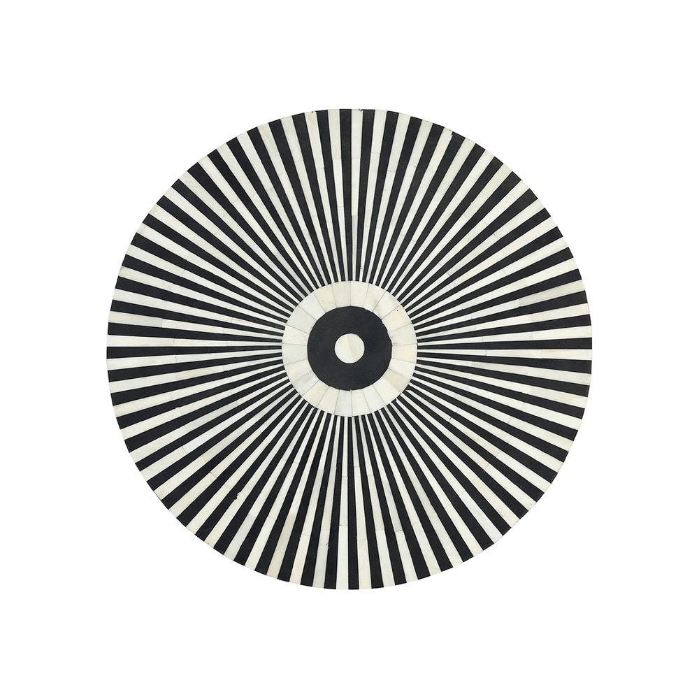 Handmade bone inlay round conversation coffee table in grey and ivory sunburst stripe pattern with metal base, artisan luxury living room furniture