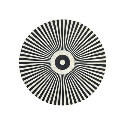 Handmade bone inlay round conversation coffee table in grey and ivory sunburst stripe pattern with metal base, artisan luxury living room furniture