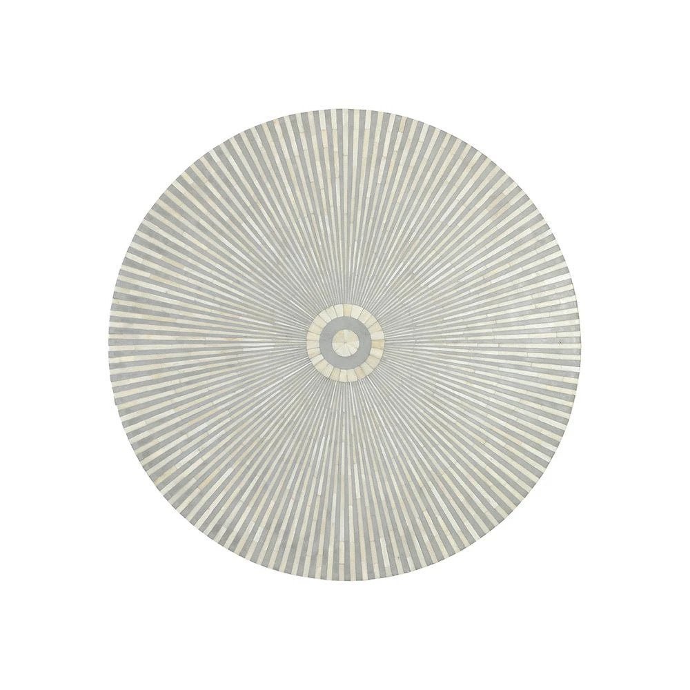 Flat lay of handmade bone inlay round coffee table in soft grey and white sunburst pattern showing full circular tabletop with radiating stripes and center medallion, Indian artisan luxury furniture