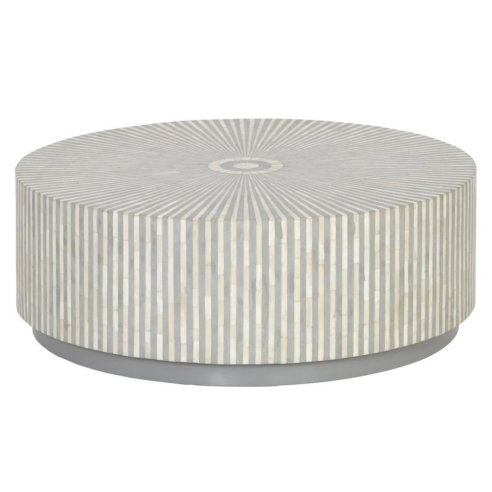 Handmade bone inlay round coffee table in grey and ivory sunburst stripe pattern, full front-facing shot showing complete cylindrical body with vertical side inlay and metal base, artisan luxury furniture