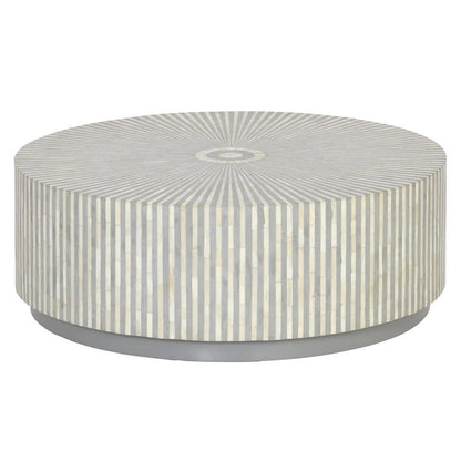Handmade bone inlay round coffee table in grey and ivory sunburst stripe pattern, full front-facing shot showing complete cylindrical body with vertical side inlay and metal base, artisan luxury furniture