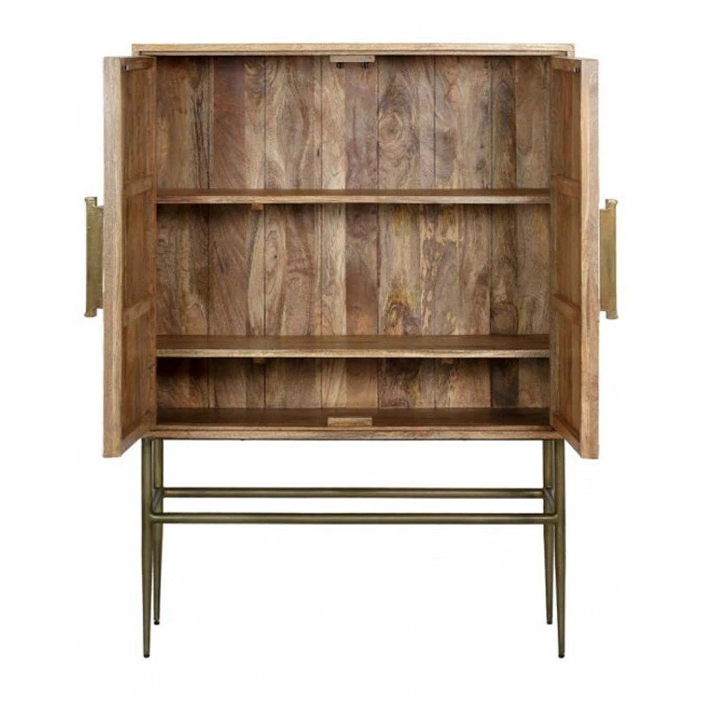 Handmade bar storage cabinet with ivory bone detailing over a natural wood-toned surface, two patterned doors, coordinated vertical handles, and an elevated antique brass-finish metal base.