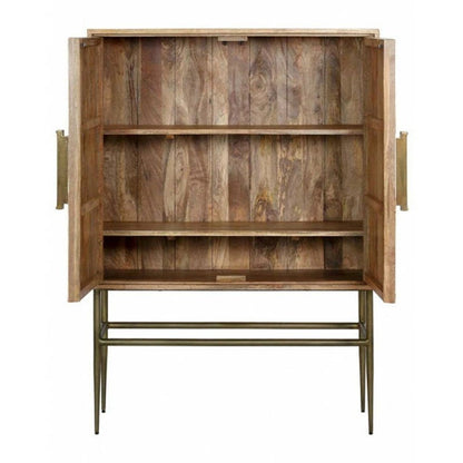 Handmade bar storage cabinet with ivory bone detailing over a natural wood-toned surface, two patterned doors, coordinated vertical handles, and an elevated antique brass-finish metal base.