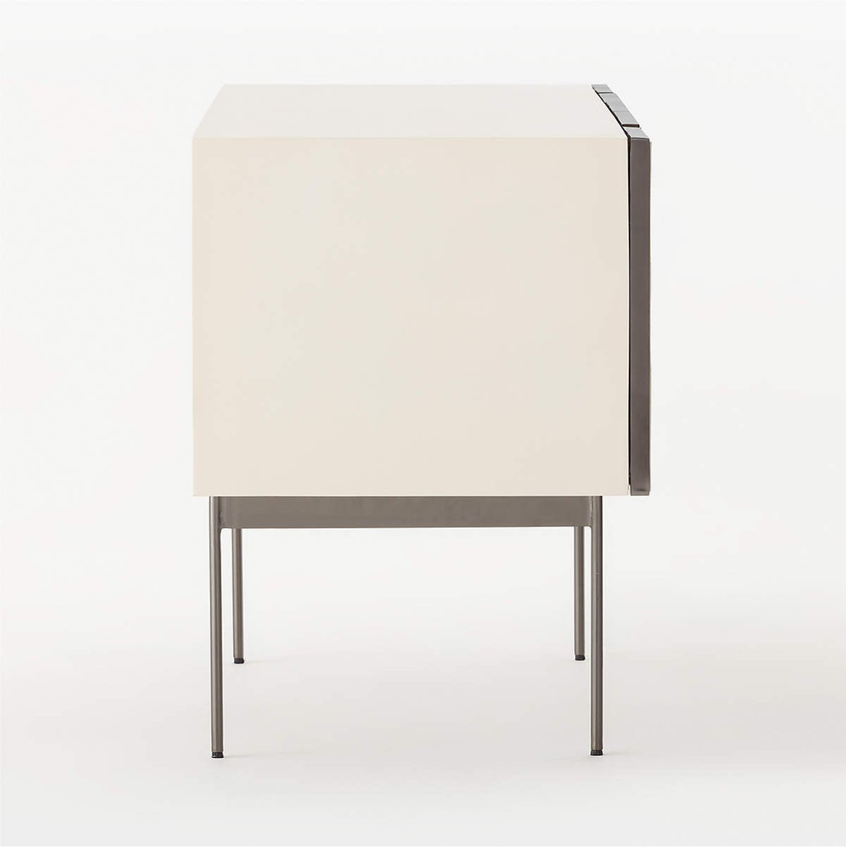 Handmade bone inlay TV console in ivory with square carreau tile mosaic pattern across five doors, framed by dark metal edges. Full cabinet shown from slightly elevated angle revealing flat top surface and slim tapered metal legs. Solid craftsmanship and neutral colorway suitable for modern and transitional living rooms.