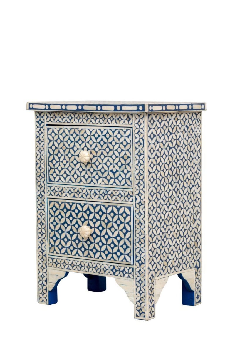 Handmade blue bone inlay bedside nightstand with two drawers, a bold geometric star pattern, floral drawer knobs, and a decorative scalloped base.