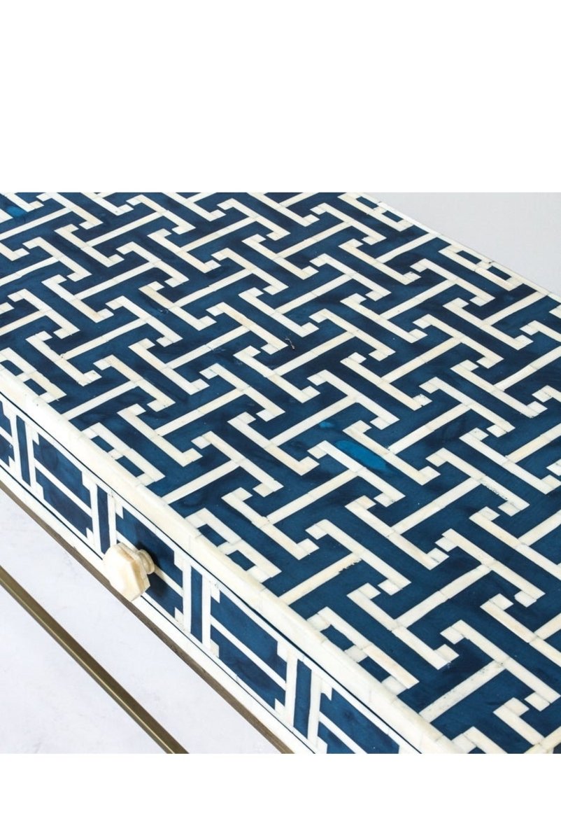 Side profile view of the handmade dark blue bone inlay hallway table, emphasizing its narrow rectangular depth, straight top, geometric lattice surface, two built-in drawers, and slim gold-toned legs. The profile is suited to a compact entryway, corridor, or office.