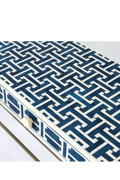Side profile view of the handmade dark blue bone inlay hallway table, emphasizing its narrow rectangular depth, straight top, geometric lattice surface, two built-in drawers, and slim gold-toned legs. The profile is suited to a compact entryway, corridor, or office.