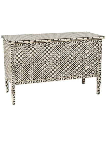 Black and White Chest, geometric bone inlay pattern with two closed drawers on a clean white background, angled front view