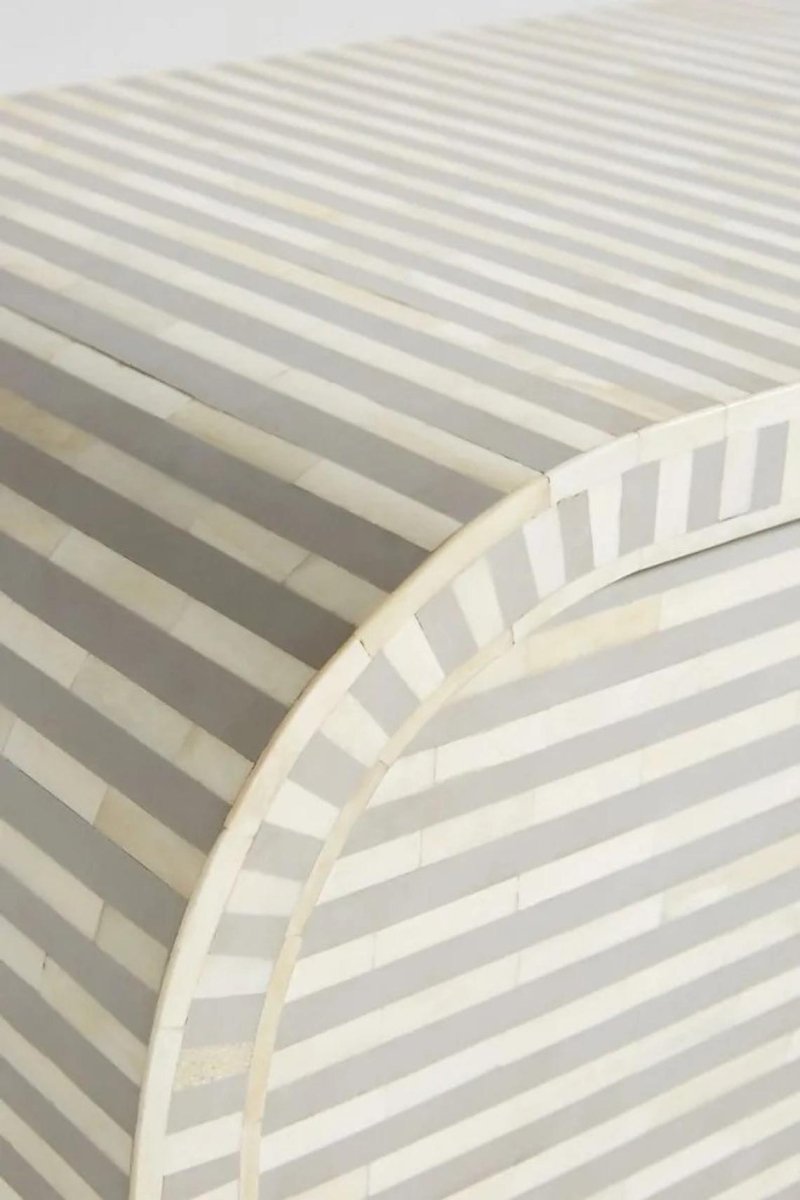 Top view of the handmade grey bone inlay Waterfall buffet, showing the curved cabinet outline, grey finish, and horizontal bone inlay pattern across the sideboard. This position highlights the furniture profile and the inlay surface detail.
