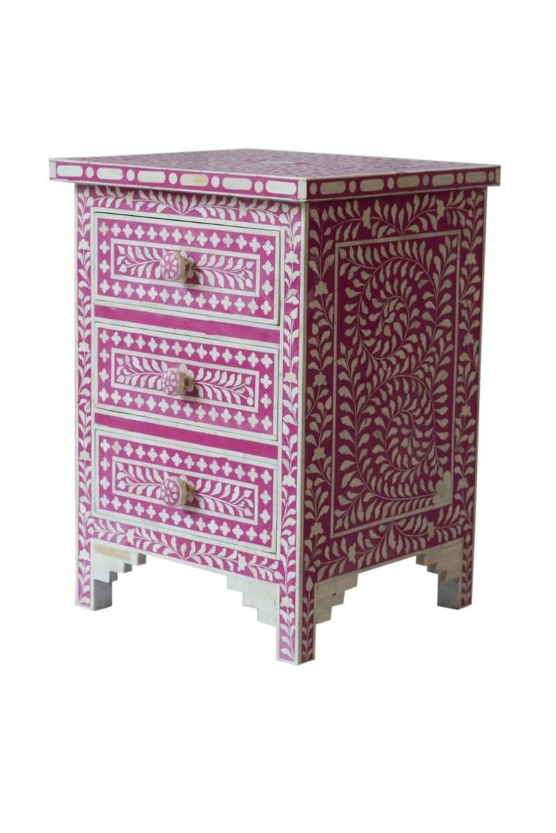 Handmade pink floral bone inlay drawer chest with three drawers, a vine pattern, and matching decorative knobs.