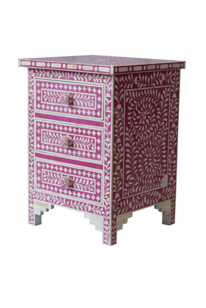 Handmade pink floral bone inlay drawer chest with three drawers, a vine pattern, and matching decorative knobs.