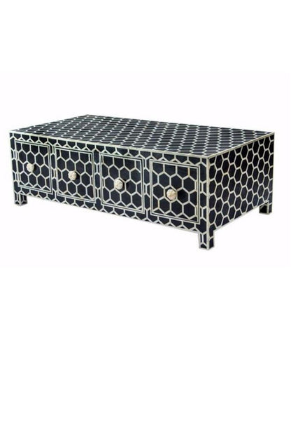 Honeycomb Bone Inlay Cocktail Table shown as a full furniture view, with four storage drawers and contrasting black-and-white inlay.