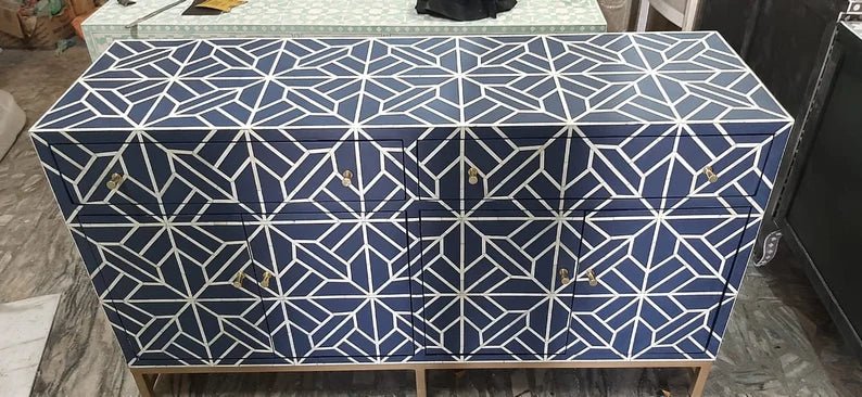 Handmade indigo blue Iberia bone inlay buffet table with 4 doors, integrated top drawers, and intricate white geometric inlay pattern on a brass-finished base