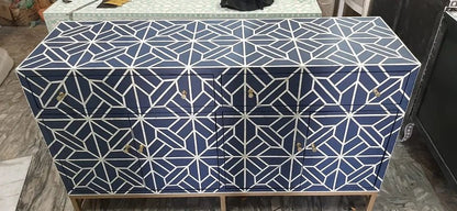 Handmade indigo blue Iberia bone inlay buffet table with 4 doors, integrated top drawers, and intricate white geometric inlay pattern on a brass-finished base