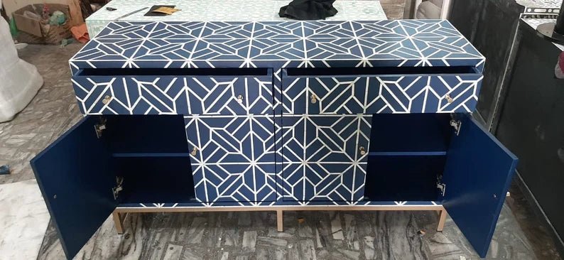 Indigo blue Iberia pattern bone inlay sideboard with 4 doors open revealing interior shelving and top drawers on a gold base