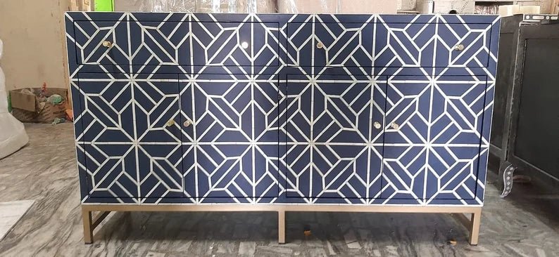 Handcrafted indigo blue and white geometric bone inlay buffet cabinet with 4 doors and brass hardware on a gold metal frame