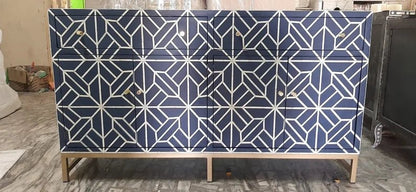 Handcrafted indigo blue and white geometric bone inlay buffet cabinet with 4 doors and brass hardware on a gold metal frame