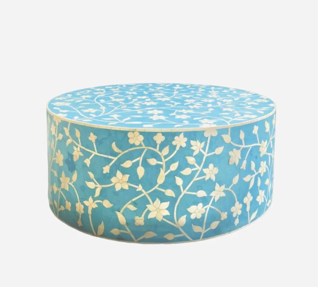 Indian artisan turquoise bone inlay floral round coffee table, handmade luxury boho chic center table for living room decor