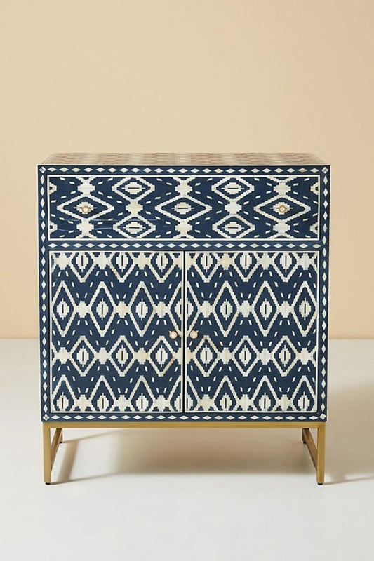 Indigo Blue Bone Inlay Cabinet with ivory ikat pattern one drawer two doors and a brass-finished metal base