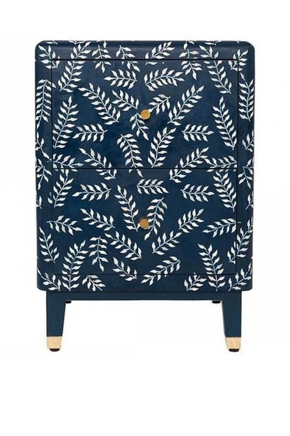 Leaf Vine Bedside Table in an angled front view, showing blue bone inlay, two drawers, curved edges, and brass-capped legs.
